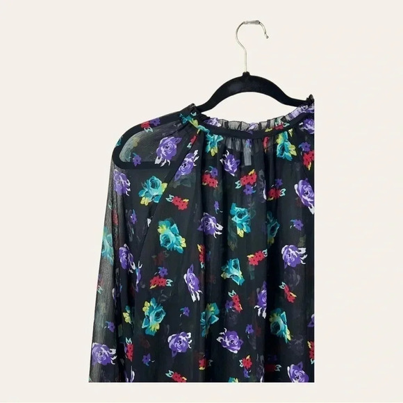 0411W. Elle SHEER LONG SLEEVE TOP KEYHOLE IN FRONT FLORAL PATTERN BLACK SIZE XL - Picture 8 of 9